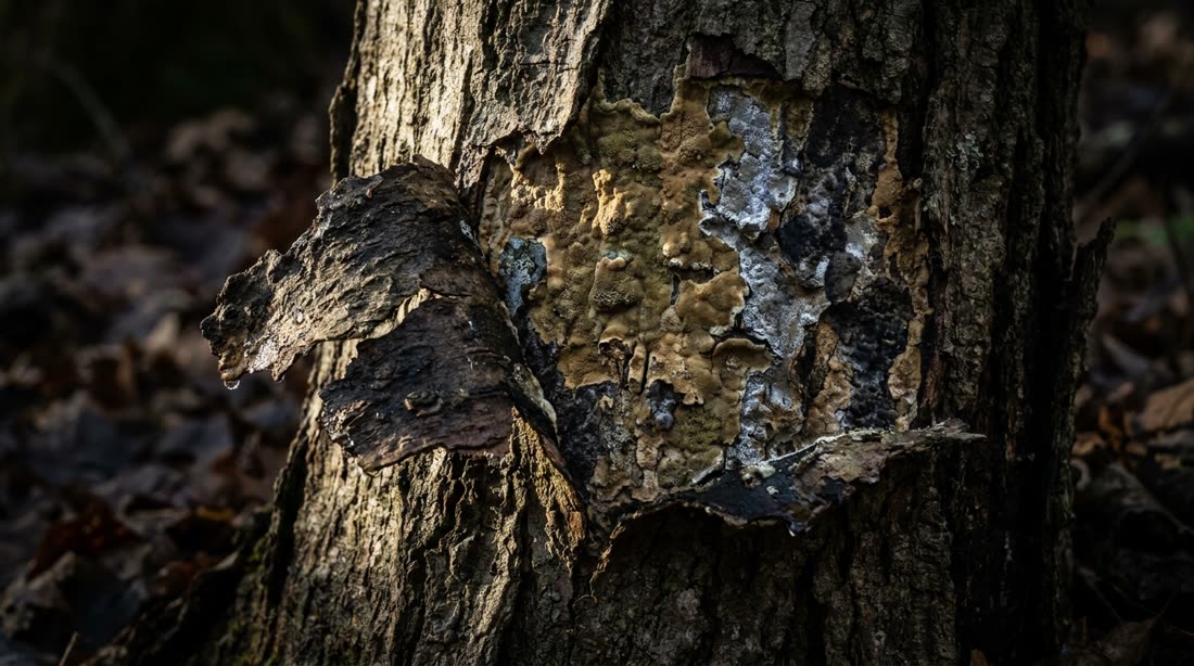 Oak bark sloughing to expose Hypoxylon stroma