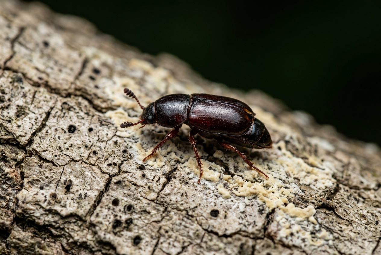 A sap-feeding nitidulid beetle, only a few millimeters long, on cracked oak bark beside a pale fungal mat.