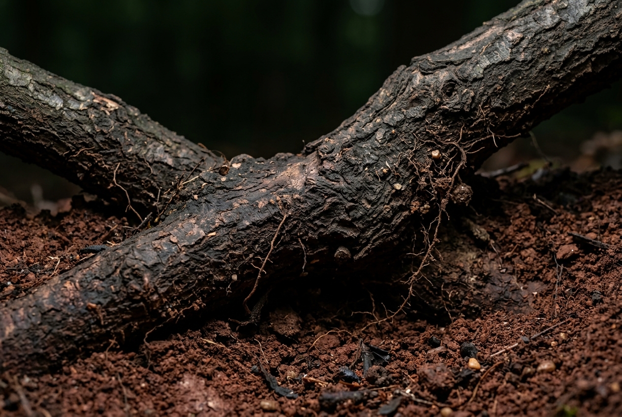 Two oak roots fused and grafted together where they cross underground in dark soil.